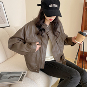 咖啡色pu皮衣外套女2024年韩式圆领复古宽松插肩袖夹克短款