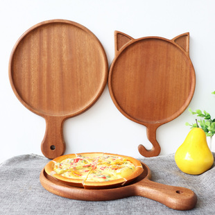 乌檀木披萨板实木质圆形披萨盘创意猫咪圆托盘家用牛排盘面包板