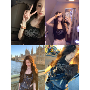 你的懒懒llankitty喵喵酱三色烫钻性感蕾丝蝴蝶结吊带上衣女