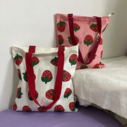 夏季草莓可爱小清新帆布包手提袋女大容量学生单肩包包装书布袋子
