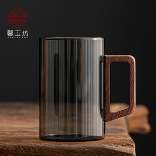 烟灰色玻璃杯防爆耐高温实木把手，水杯耐用茶杯咖啡杯办公个人杯