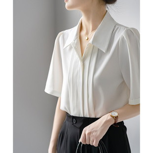 白色雪纺衬衫女短袖2023夏季设计感小众面试气质正装职业衬衣