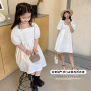 母女装夏装连衣裙女童气质款法式公主裙中小童韩版方领白色长裙子