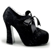 美国demonia12.7cm黑色蕾丝花边深口鞋粗跟缎带系带，高跟鞋单鞋女