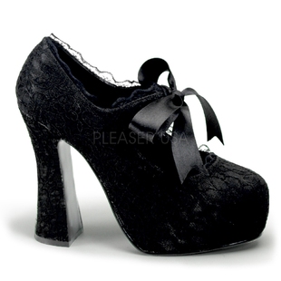 美国demonia12.7cm黑色蕾丝花边，深口鞋粗跟缎带，系带高跟鞋单鞋女