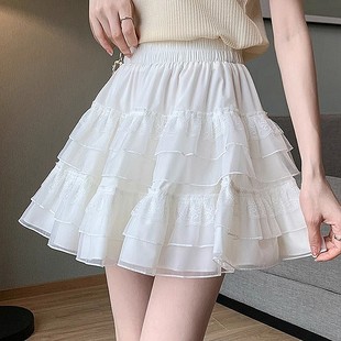 蕾丝白色蛋糕裙女夏季甜美时尚，防走光半身裙高腰，a字蓬蓬公主短裙