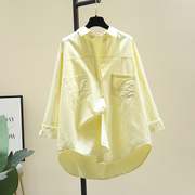 黄色衬衫女2024春季韩版宽松百搭中长款纯色长袖衬衣外穿上衣