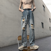 vintage美式复古破洞牛仔裤男夏季薄款水洗做旧设计感毛边阔腿裤