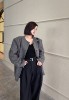 韩国24春季女设计感小阔肩圆领系扣黑灰色棉麻中长款外套