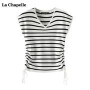 拉夏贝尔/La Chapelle夏季简约V领无袖两侧抽绳针织上衣女T恤