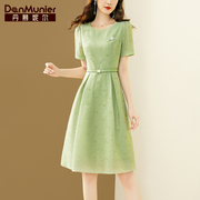 丹慕妮尔高端轻奢绿色提花连衣裙夏季女装气质收腰a字裙