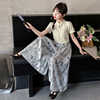 女童夏季中国风套装，2024夏装儿童，黑白水墨短袖阔腿裙裤两件套