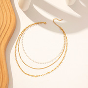 双层项链锁骨链带珍珠不锈钢18k金不掉色欧美项链简约时尚复古