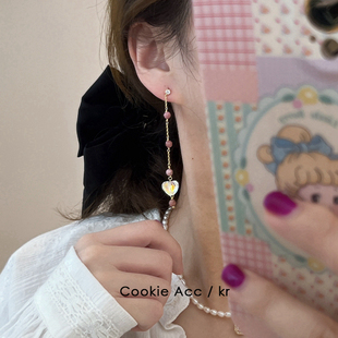 cookie饰品韩国粉色水晶，爱心耳环气质名媛长款高级感耳坠925银针