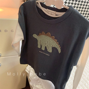 80-100 纯~日 好可爱的立体恐龙男童拼接袖子纯棉长袖T恤
