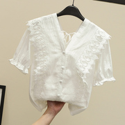 白色蕾丝衫女2023夏季镂空拼接衬衫短袖衬衣上衣V领仙气小衫