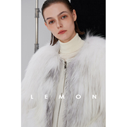 lemonlime高级感芬兰进口白色，狐狸毛皮草(毛皮草)外套，女2023短款大衣