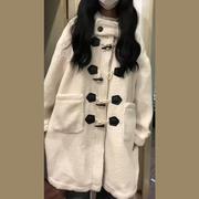 牛角扣小个子白色毛呢子(毛，呢子)毛绒外套，女秋冬季高级感2024大衣