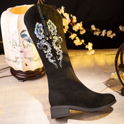 冬季棉靴中国风布靴加绒，绣花鞋长靴侧拉链，高筒靴民族风女靴子