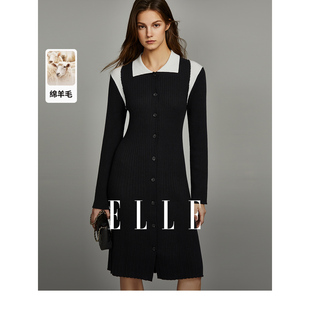 ELLE设计感黑白撞色针织连衣裙女2023冬装通勤风修身小众裙子