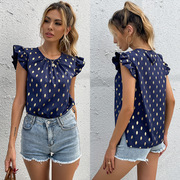 Ruffled crew neck polka-dot blue shirt荷叶边圆领波点蓝色衬衫