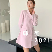 韩美2023春装女装泡泡袖西装连衣裙OL气质收腰显瘦长袖裙子