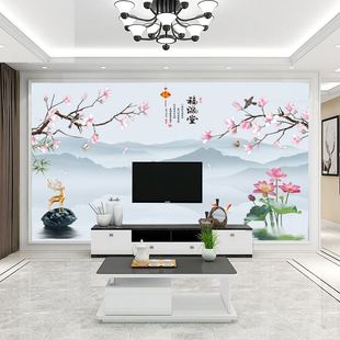 2023新中式山水壁画客厅，装饰福满堂电视背景，墙纸壁布影视墙布壁纸