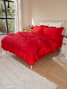 淑女屋床上用品大红花好月圆婚庆系列，春季床裙款七件套