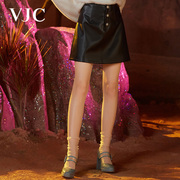 VJC/威杰思秋冬女装时尚潮流短款半身裙黑色复古皮裙