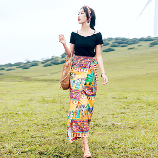 云南民族风女装一片式开叉半身裙夏季薄款泰国西双版纳度假裙穿搭