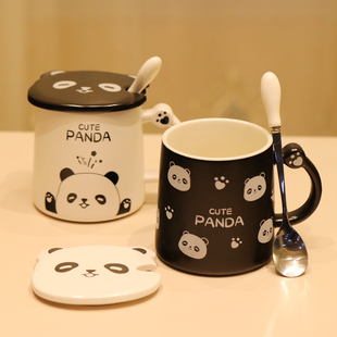 熊猫杯子马克杯家用喝水带，盖勺微波炉可加热陶瓷，咖啡牛奶杯办公室