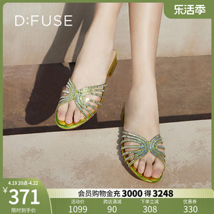 DFuse迪芙斯夏季圆头烫钻真丝布粗跟拖鞋凉鞋DF32110366