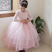 韩国进口春秋儿童花朵镂空长袖连衣裙女童薄款公主裙洋气蓬蓬纱裙