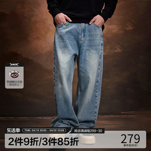 2727world法老logo做旧蓝牛仔裤长裤美式复古休闲街头潮流