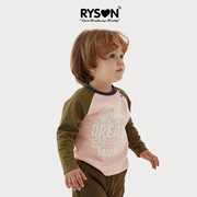 RYSON童装秋季儿童棉上衣男女宝粉色插肩袖高街风字母圆领长袖T恤