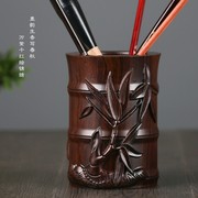 知了竹节创意红木雕刻原木复古学生桌面笔架收纳摆件 实木质笔桶