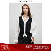 ylleelly黑白撞色开衫，2024春季短款雪纺，拼接全羊毛针织衫女