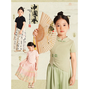 Amybaby女童t恤2024夏季不规则中国风设计感气质盘扣短袖上衣