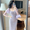 法式气质名媛宴会紫色荷叶，袖蕾丝连衣裙，修身显瘦仙女长裙女10808
