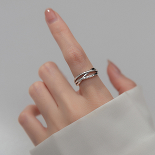 拾薇多层浪漫英文戒指S925纯银指环 不规则线条多层气质食指戒女