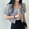 韩国chic夏季减龄气质百搭小香风混色短袖粗纺短款小开衫外套女