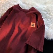 中国风短袖t恤男夏季国潮宽松情侣百搭纯棉，酒红色体恤衫半袖创意