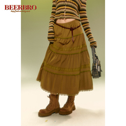 BeerBro 设计感蕾丝花边蛋糕长裙女春季宽松显瘦褶皱感半身中长裙