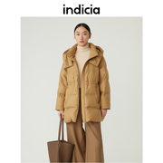 indicia卡其色鸭绒，保暖加厚连帽羽绒服，外套冬季时尚标记女装