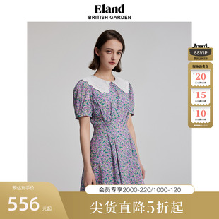 Eland衣恋连衣裙夏季小清新碎花大翻领收腰显瘦连衣裙女