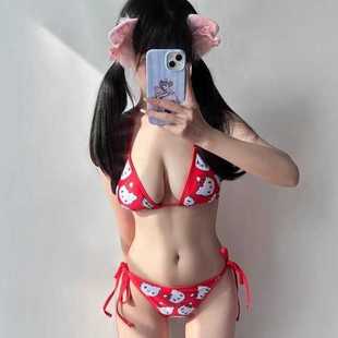 日系可爱少女甜美性感红色温泉，度假小胸辣妹罩衫，内衣比基尼泳衣女