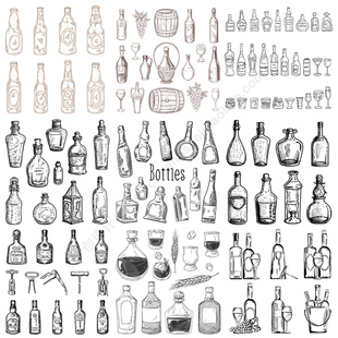手绘酒瓶插画 啤酒瓶洋酒瓶玻璃酒杯线稿图案 AI格式矢量设计素材