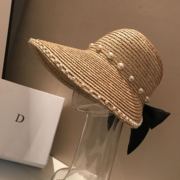 夏季时尚潮蝴蝶结手工，珍珠帽子拉菲草帽沙滩帽，空顶帽檐遮阳帽女潮