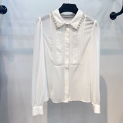 春夏白色钉珠翻领雪纺衬衣长袖微透蕾丝百搭通勤珍珠装饰衬衫