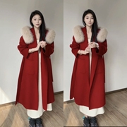 红色大毛领狐狸毛双面羊毛大衣2023冬季新韩版高级感宽松毛呢外套